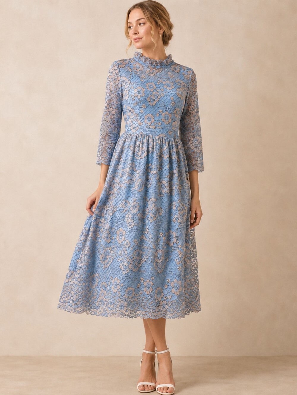 Blue Floral Lace Midi Dress Mock Neck 3/4 Sleeve Cottagecore Romantic NWT